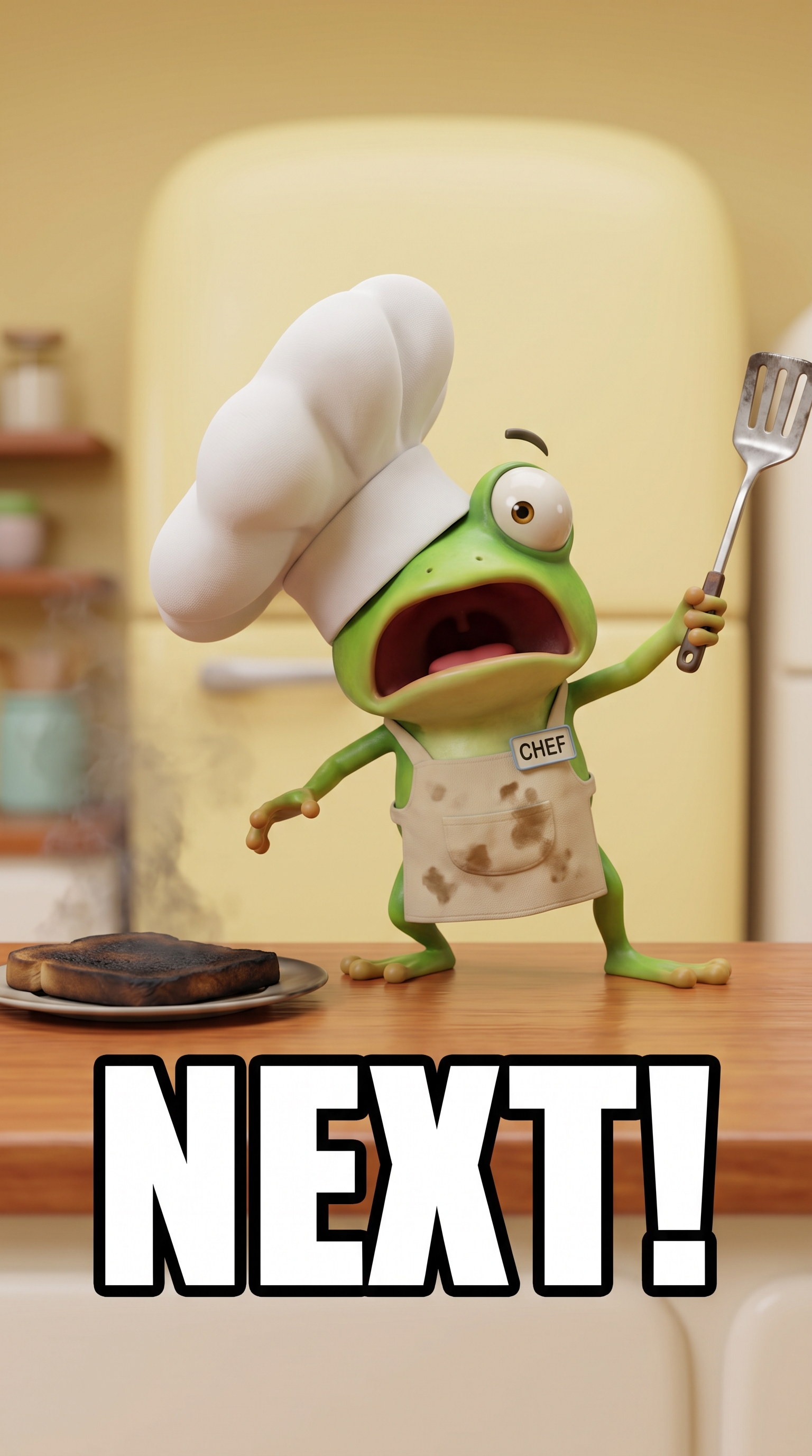 Chef the frog holding a spatula beside burnt toast