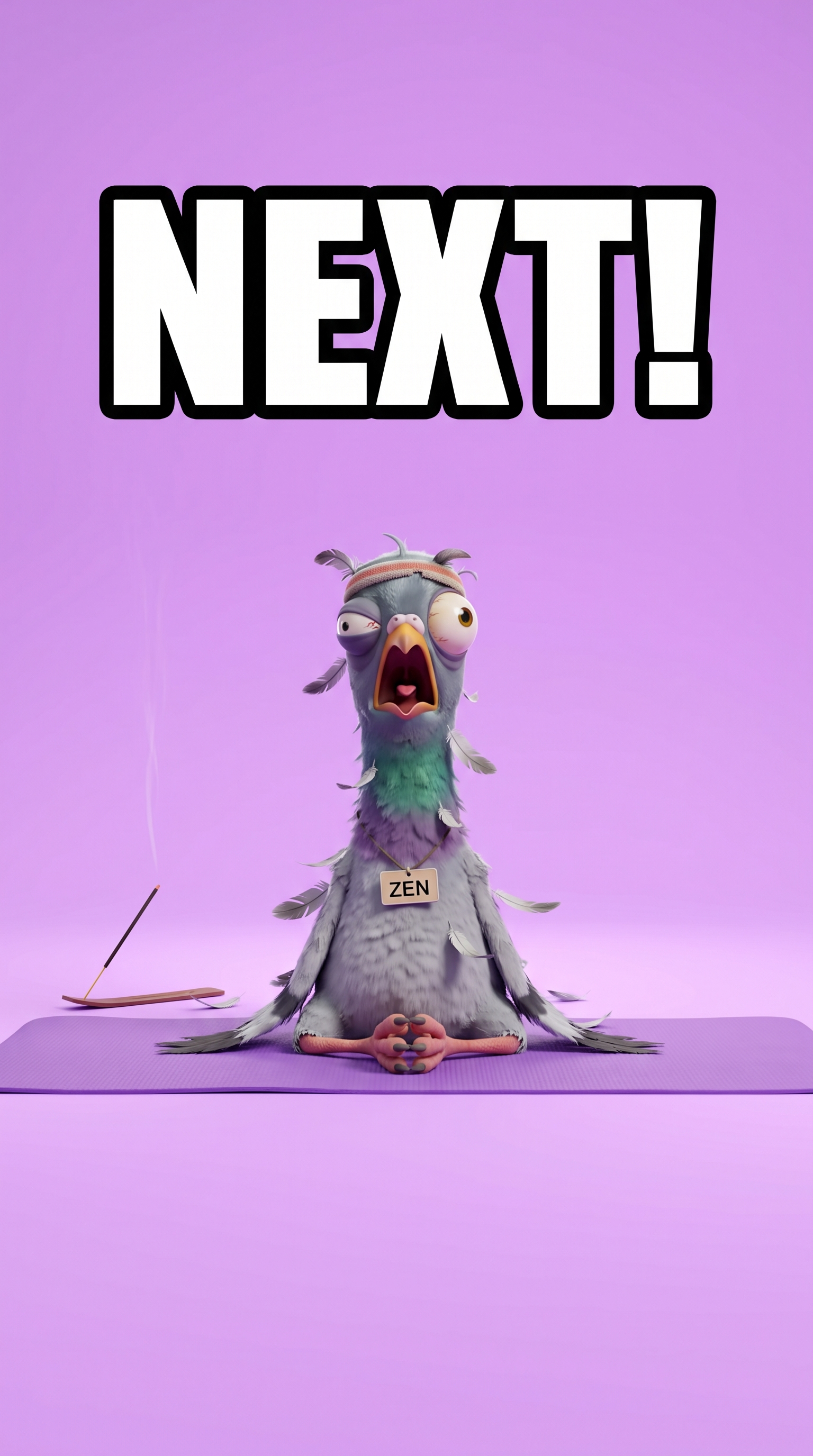 Zen the pigeon attempting to meditate on a yoga mat